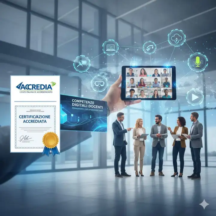 DigCompEdu Certificazione accreditata Accredia il framework europeo di riferimento per le competenze digitali dei docenti. Immagine generata da Gemini ai.
