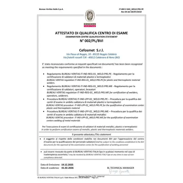 Attestato di qualifica centro d'esame Bureau Veritas a Bologna per saldatori.